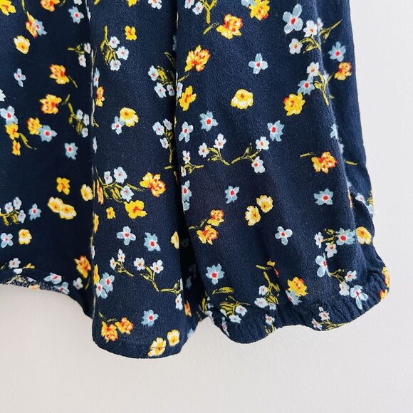 Loft Navy Blue & Yellow Floral Chiffon V Neck Flowy Blouse ~ Size Large - Picture 5 of 7